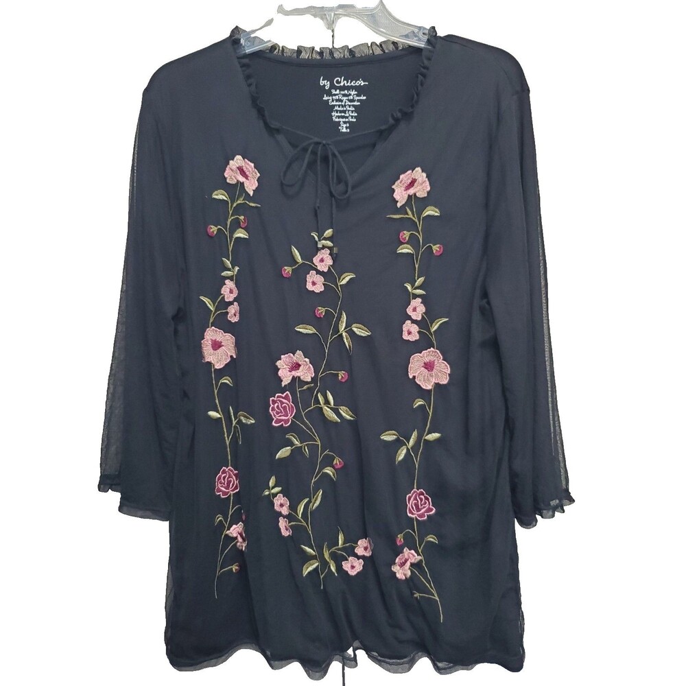 Chico's Mesh Embroidered Flowers Ruffle Neck Lined Blouse Size 2 Large